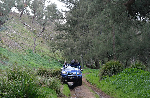 Straddling a mud pit in a blue hilux